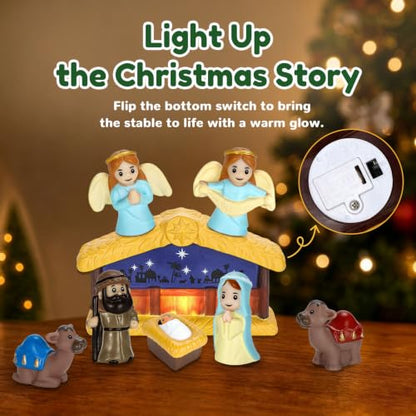 Kids Nativity Advent Calendar with Light Stable - Blue, 24 Days Christmas Countdown