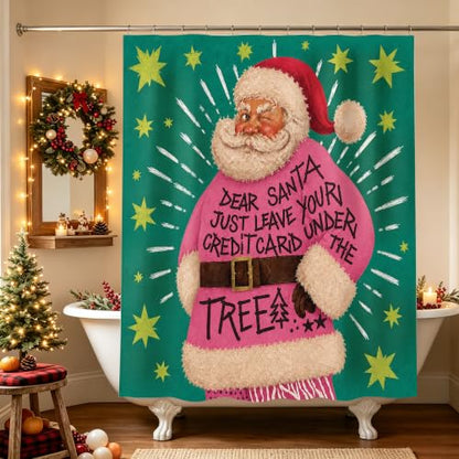 Pink Christmas Shower Curtain Set with 12 Hooks - 72x72 Inch, Teal Santa Quote