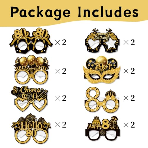 16PCS Gold 80th Birthday Glasses Photo Props Party Decorations