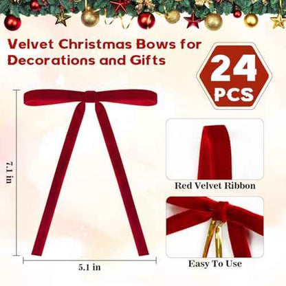 Red Velvet Bows for Christmas Tree, 24 Pcs 5x7 Inch Velvets Ribbon Tree Bows, Velvet Christmas Ornaments for Trees Decorations Wreath Outdoor Indoor