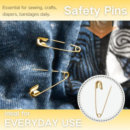 Gold Safety Pins Set 350 Pack Heavy Duty Assorted Sizes - Strong & Rust-Resistant