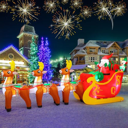 12 Ft Christmas Inflatable Reindeer with Santa Sleigh & LED Lights for Outdoor Yard Decor