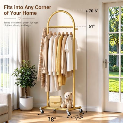 MISSLO Gold Small Clothes Rack 18-Inch Arched Style with Wheels and Shelves