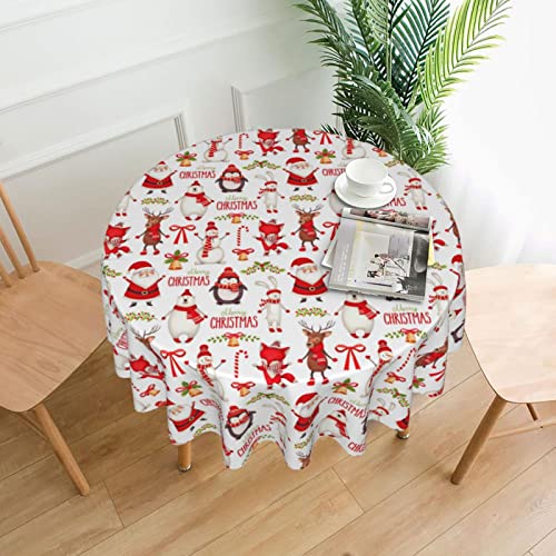 Christmas Round Tablecloth 70 Inch - Santa Snowman Winter Holiday Decor - Wipeable Polyester