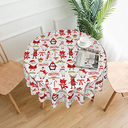 Christmas Round Tablecloth 70 Inch - Santa Snowman Winter Holiday Decor - Wipeable Polyester