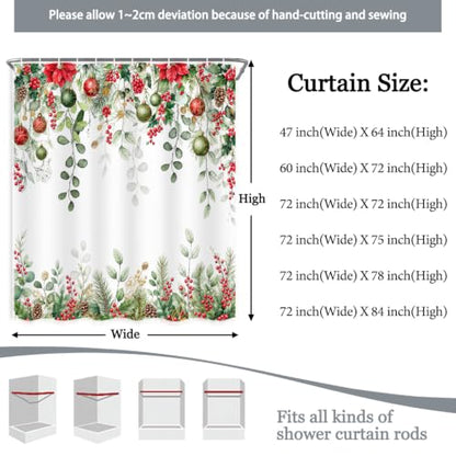 Christmas Eucalyptus Leaves Holly Shower Curtain Set with Hooks - Winter 72x72 Inches