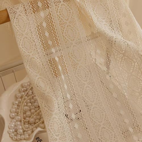 Boho Beige Lace Oven Curtain with Tassels, 28x22 Inch Kitchen Skirt - Ruffled Diamond Design, Tab Top