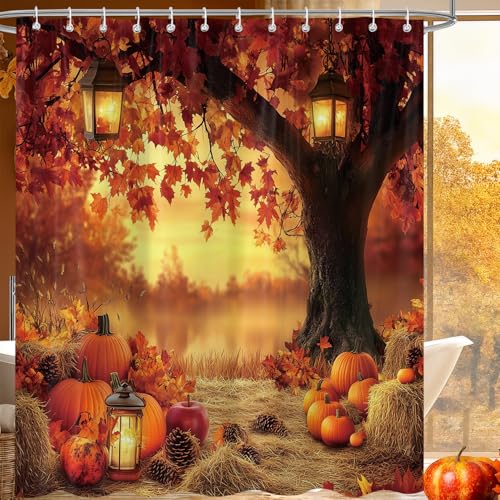 Fall Pumpkins and Maple Leaf Shower Curtain - Autumn Farmhouse Bathroom Decor, 72x72 Inch Waterproof Polyester with 12 Hooks