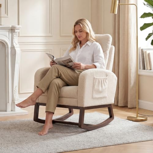 Nursery Rocking Chair with Adjustable Footrest & Side Pocket - Teddy Fleece-Beige