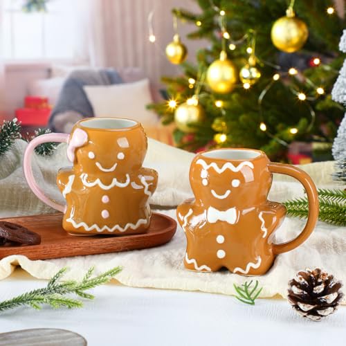 Gingerbread Man Christmas Ceramic Mug Set - 14 oz, 3D Holiday Coffee Cups