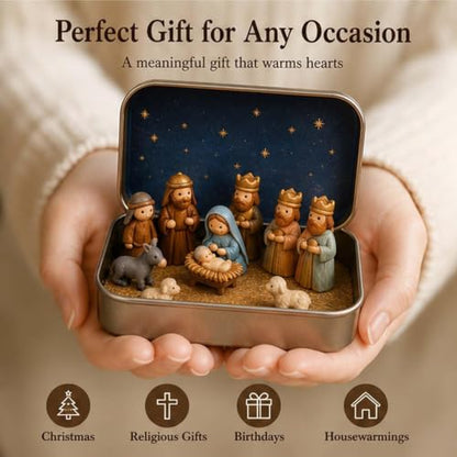 Mini Christmas Nativity Set in Tin Box - Holy Family Figurines, Small Creche, Resin, 2 Pieces