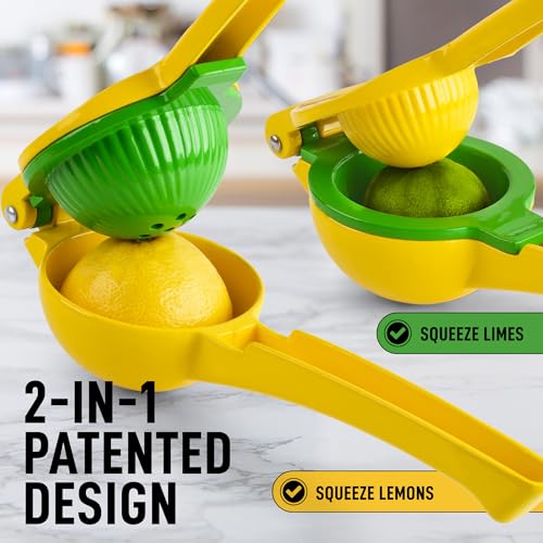 Zulay Kitchen Metal 2-in-1 Lemon Squeezer - Sturdy Max Extraction Hand Juicer Lemon Squeezer Gets Every Last Drop - Easy to Clean Manual Citrus Juicer - Easy-Use Lemon Juicer Squeezer - Yellow/Green