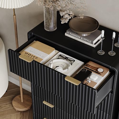 Tall 47" Black 5-Drawer Dresser with Gold Handles | Modern Fluted Panel Bedroom Storage