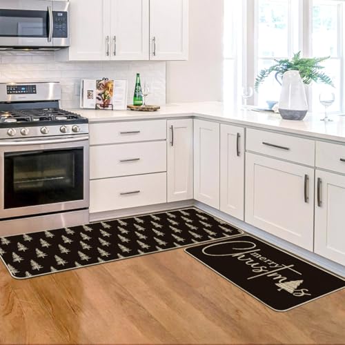 Christmas Tree Kitchen Mats Set of 2 - Black Xmas Tree Holiday Decor, 17x29 & 17x47 Inches
