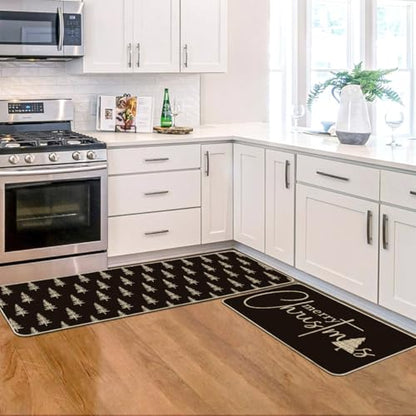 Christmas Tree Kitchen Mats Set of 2 - Black Xmas Tree Holiday Decor, 17x29 & 17x47 Inches