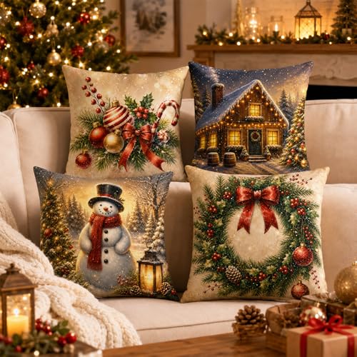 Christmas Pillow Covers Set of 4 18x18 Inch Holiday Winter Decor Neutral Farmhouse Gold
