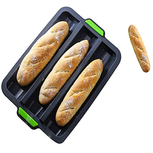 Joyeee Baguette Pans for Baking, French Bread Pans for Baking / 3 Loaf, Silicone Loaf Roll Pan Cake Baking Mold Tray, Non-Stick Baking Hot Dog Mold, Sandwich Mold Bake Tools for Oven, Grey, 34.5 CM