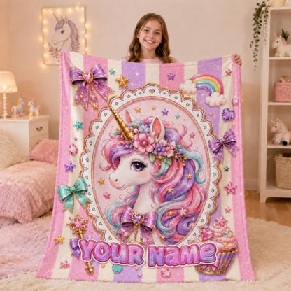 Girls Unicorn Blanket - Custom Gold Kids Throw Blanket - Soft Flannel