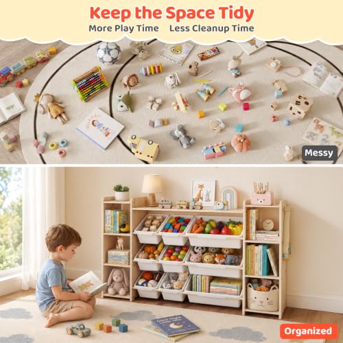 Toy Storage Organizer with Bookshelf and Bins - Solid Pine Kids Playroom Storage