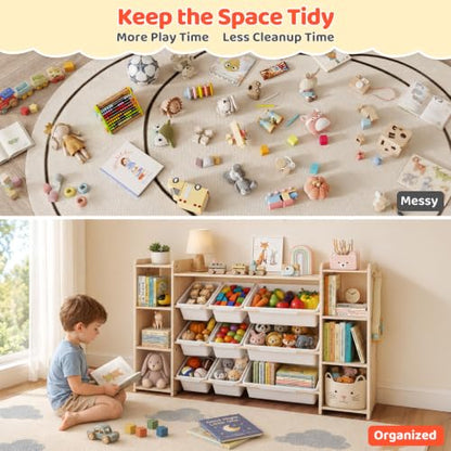 Toy Storage Organizer with Bookshelf and Bins - Solid Pine Kids Playroom Storage