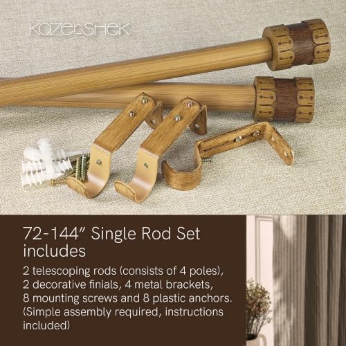 Faux Wood Curtain Rod 72-144 Inch Telescoping Heavy Duty with Finials