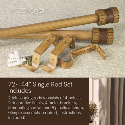 Faux Wood Curtain Rod 72-144 Inch Telescoping Heavy Duty with Finials