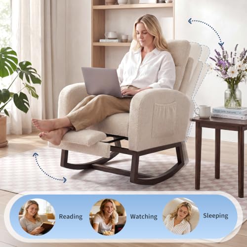 Nursery Rocking Chair with Adjustable Footrest & Side Pocket - Teddy Fleece-Beige