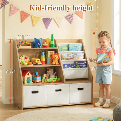 Kids Bookshelf & Toy Storage Organizer - 4-Tier Wooden Toddler Bookcase with Removable Fabric Bins