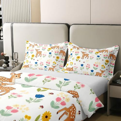 Colorful Botanical Deer Duvet Cover Set Queen with Zipper Closure - Butter Yellow & Saffron Amber Variation - 3 Pieces