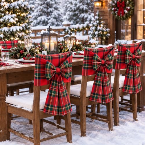 Christmas Bow Chair Back Covers - Red & Green Plaid Linen Holiday Seat Slipcovers with Adjustable Bows - Set of 4