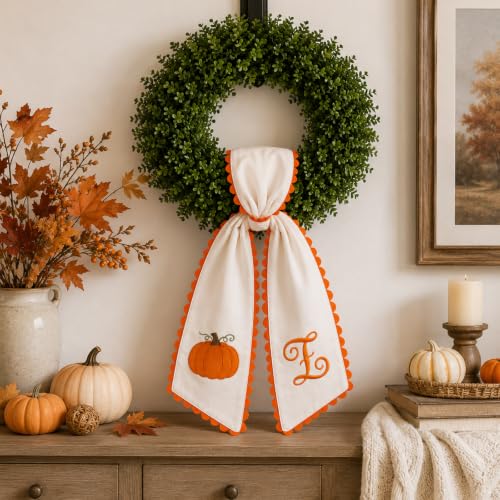 Halloween Pumpkin Wreath Sash - Fall Front Door Decor with Orange Bow (Variation B)