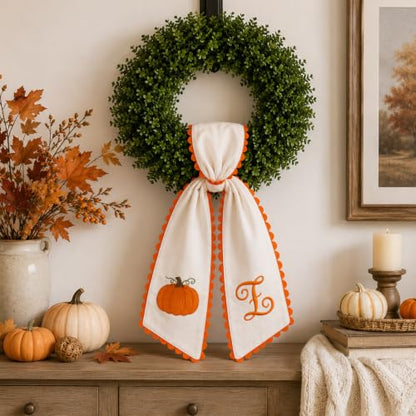 Halloween Pumpkin Wreath Sash - Fall Front Door Decor with Orange Bow (Variation B)