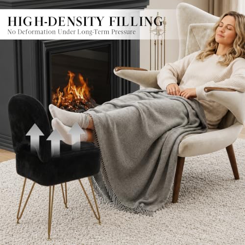 Black Faux Fur Vanity Chair with Storage and Foldable Backrest - 14.2"D x 13.2"W x 29.9"H