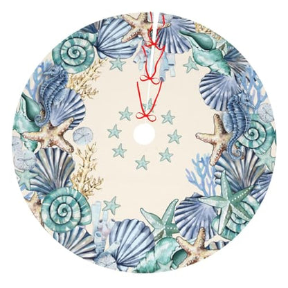 Beach Starfish Coastal Wreath Christmas Tree Skirt - Blue 30" - Holiday Decor