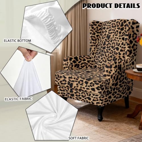 Leopard Print Wingback Chair Cover Set of 2 Brown Washable Elastic Furniture Protector
