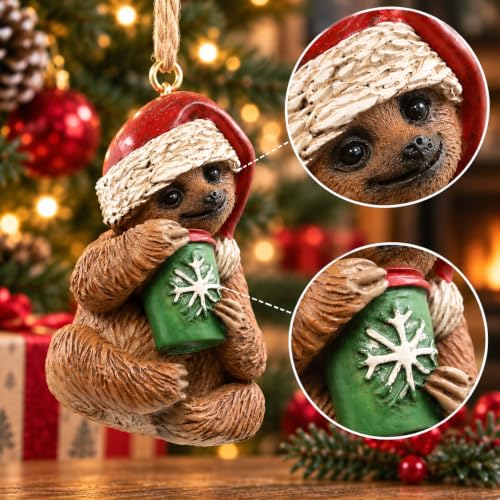 Christmas Holiday Ornament Sloth Sipping Coffee Tree Decor 3 Inch Handmade