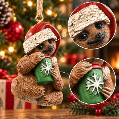 Christmas Holiday Ornament Sloth Sipping Coffee Tree Decor 3 Inch Handmade