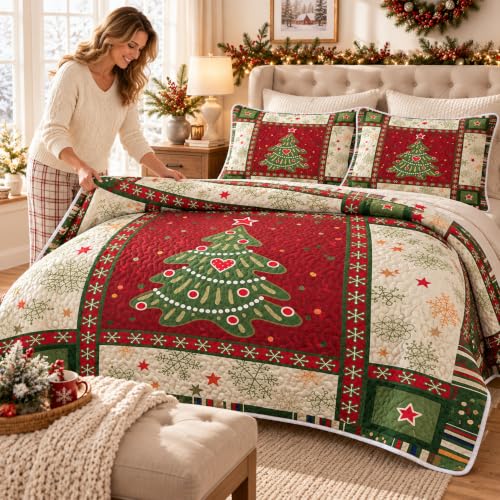 Christmas Quilt Set Queen - Red 3-Piece Tree Bedspread & Pillow Shams - Seasonal Bedding