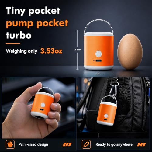 Orange Portable Air Pump for Inflatables with Camping Light, Rechargeable Mini Electric Inflator