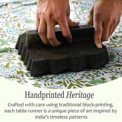 Agate Green Cotton Table Runner 16x106 Inches Floral Hand-Block Print
