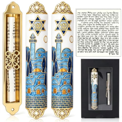 Metal Enamel Mezuzah with Scroll Set for Doorway - Jerusalem-Inspired Design