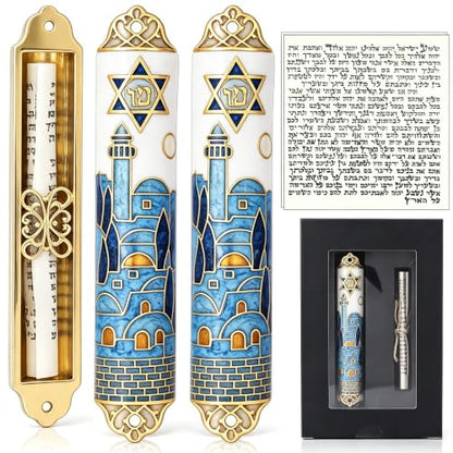 Metal Enamel Mezuzah with Scroll Set for Doorway - Jerusalem-Inspired Design