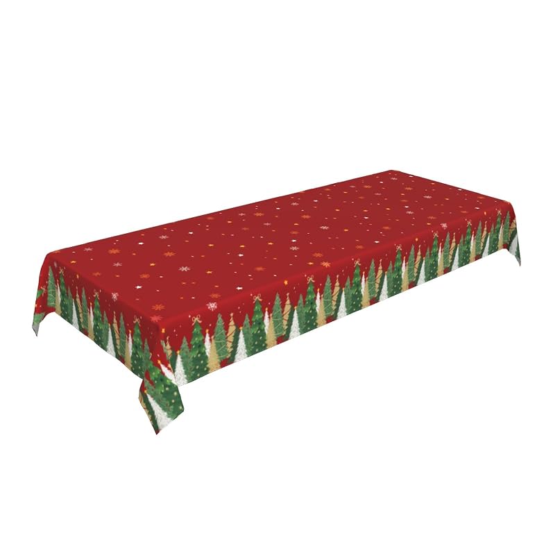 Red 60x120 Inch Christmas Tablecloth - Snowflake & Tree Print, Rectangular