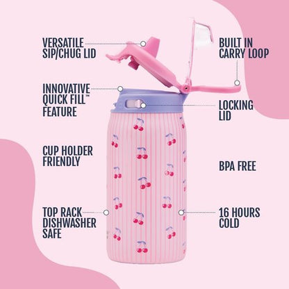 Ello Kids 12oz Pop & Fill Water Bottle - Quick Fill Lid, Double-Wall Insulated, Leak Proof, BPA Free | Preppy Cherries