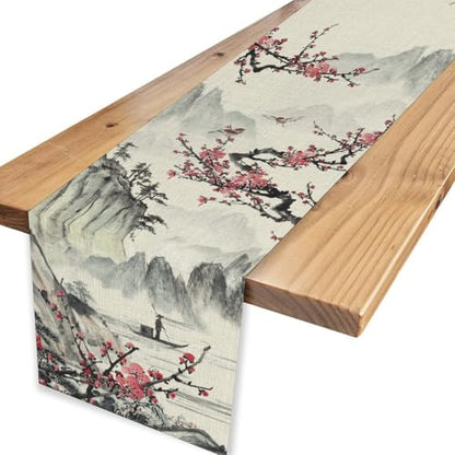 Japanese Table Runner - Ink Painting Plum Cherry Blossom Landscape, Rustic Asian Design, 13x36 Inches - Variation of THIS listing