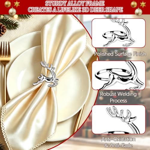 12 Pcs Christmas Silver Reindeer Napkin Rings Set of 12 for Holiday Table Decor