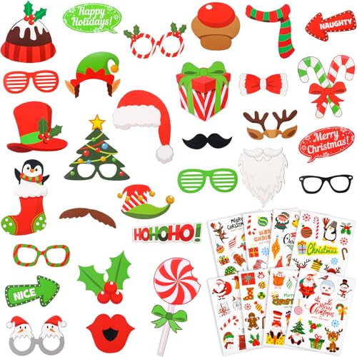 Christmas Photo Booth Props Set with Stickers - 40 Pieces for Holiday Parties