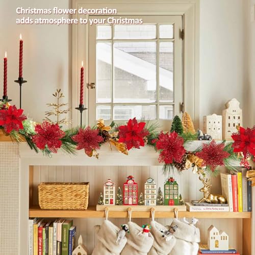 Artificial Red Christmas Poinsettia Flowers & Berry Picks - Holiday Decor, 66 pcs