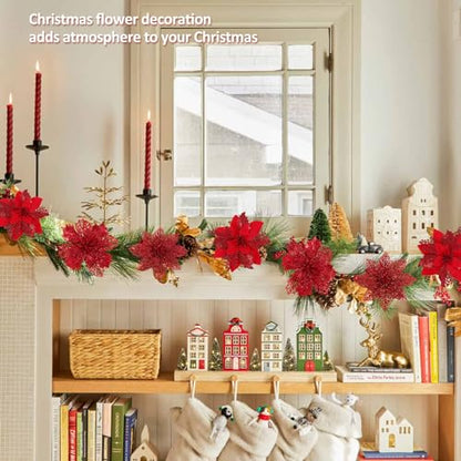 Artificial Red Christmas Poinsettia Flowers & Berry Picks - Holiday Decor, 66 pcs