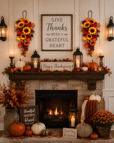 Set of 2 Fall Sunflower Metal Swags for Indoor Outdoor Decor 22" x 10"